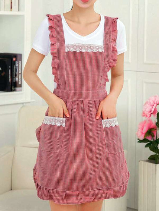 Plaid Pattern Lace Trim Apron