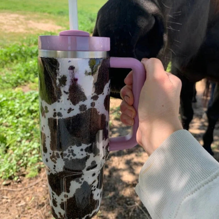 Cow Patterned 40 Oz Tumbler With Handle