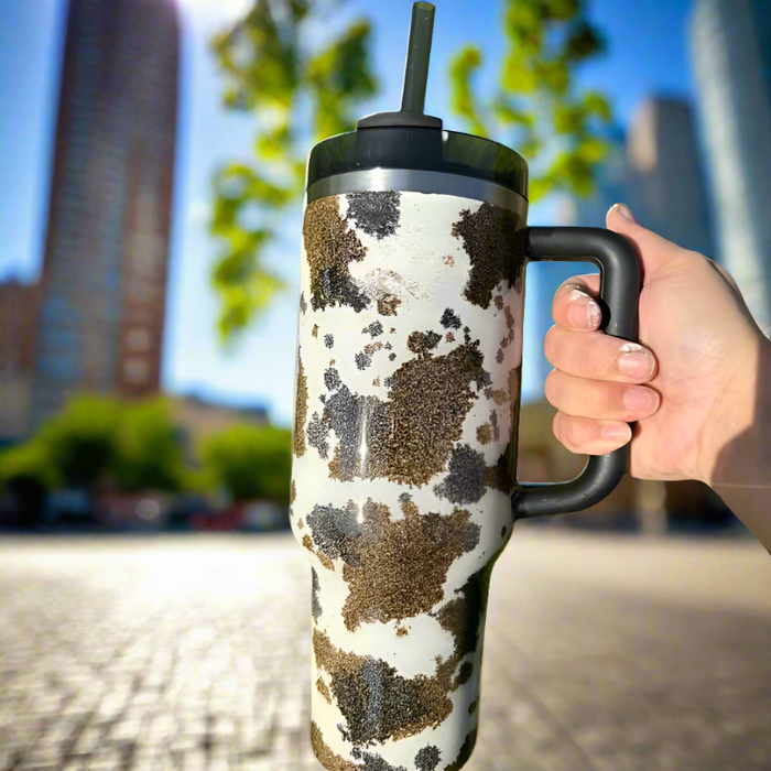 Cow Patterned 40 Oz Tumbler With Handle