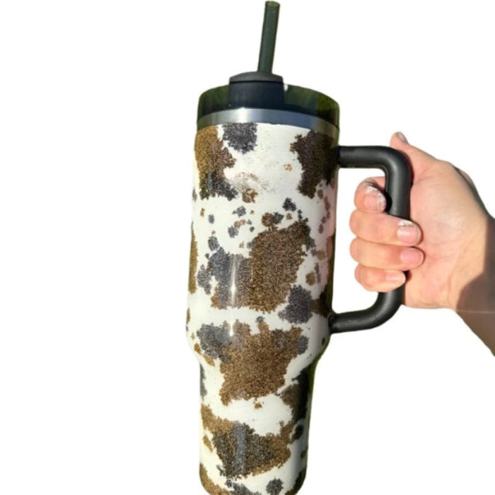 Cow Patterned 40 Oz Tumbler With Handle