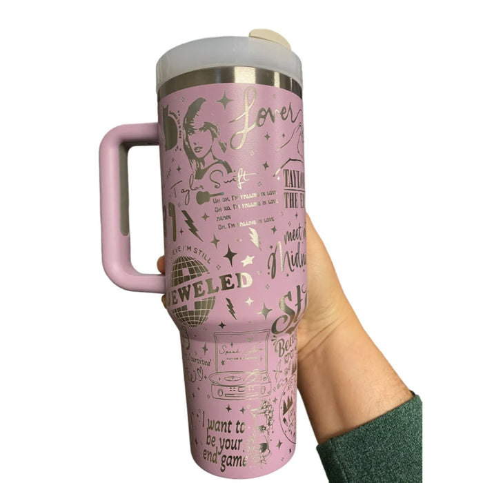 40oz Engraved Tumbler With Handle Celebrating Taylor Swifts Iconic Albums