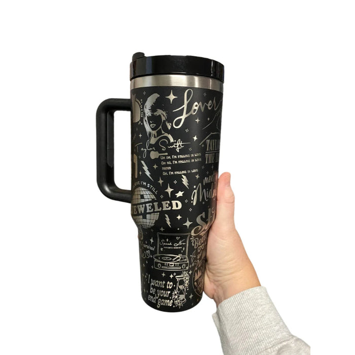 40oz Engraved Tumbler With Handle Celebrating Taylor Swifts Iconic Albums