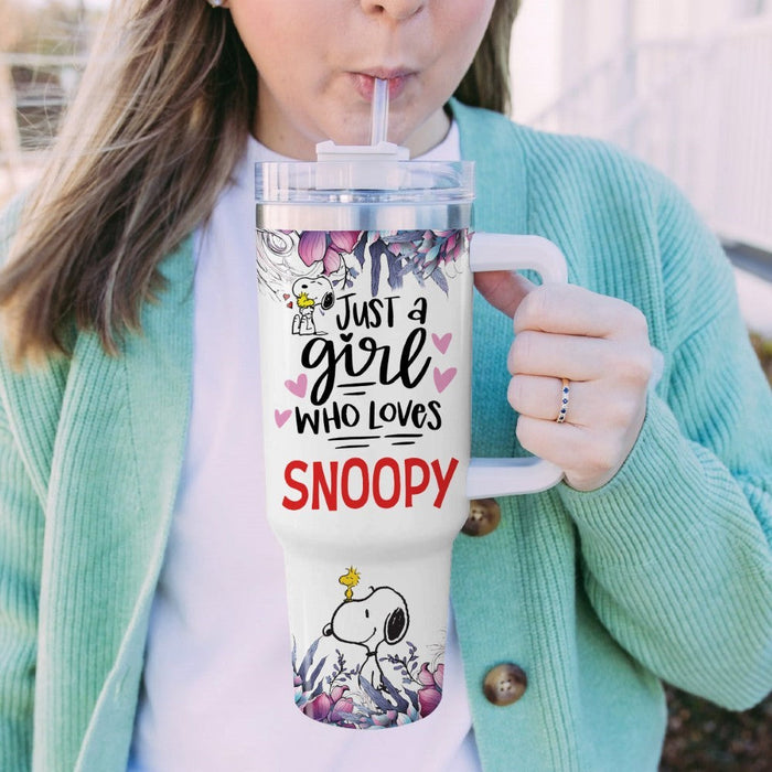 Just A Girl Snoopy Flower Custom Name Tumbler With Handle