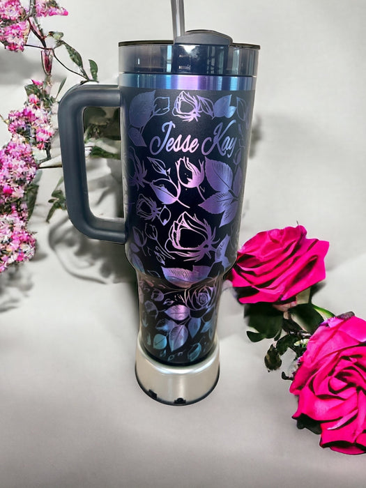 Personalized Floral Design 40 Oz Insulated Tumbler With Handle