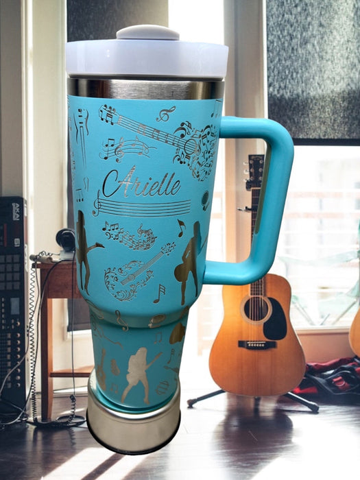 Personalized Name Music Themed 40 Oz Insulated Tumbler With Handle