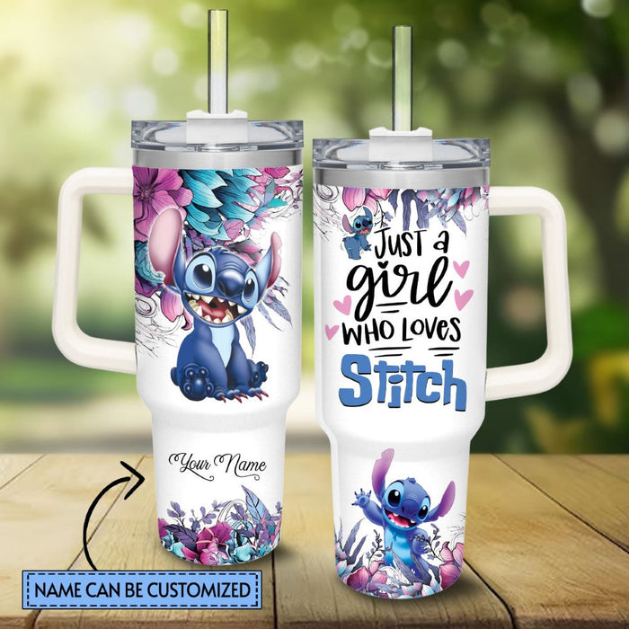 Custom Name Stitch Flower Tumbler With Handle