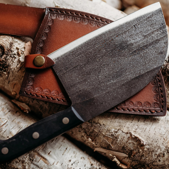 Handcrafted High-Carbon Steel Chef's Knife with Custom Leather Sheath