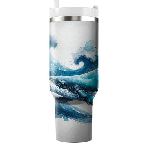 Whale In Watercolor Waves  Personalized Tumblers