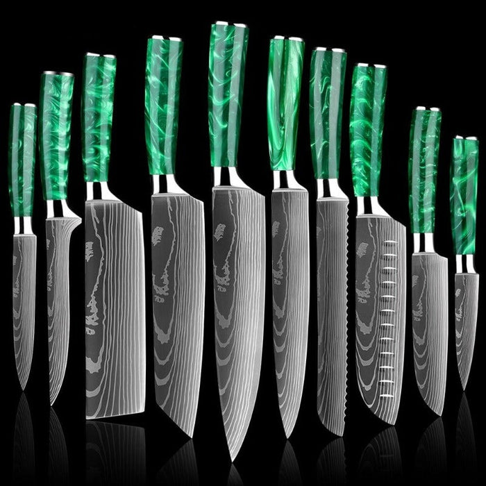 Green Resin Handle Stainless Steel Laser Damascus Pattern Knife Sets