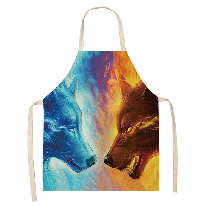 Star Moon & Wolf Head Print Kitchen Apron