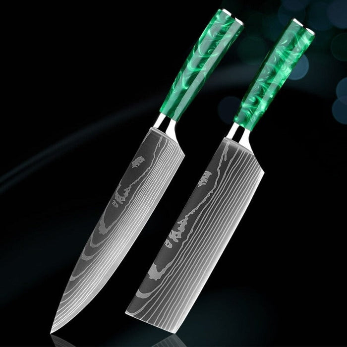 Green Resin Handle Stainless Steel Laser Damascus Pattern Knife Sets