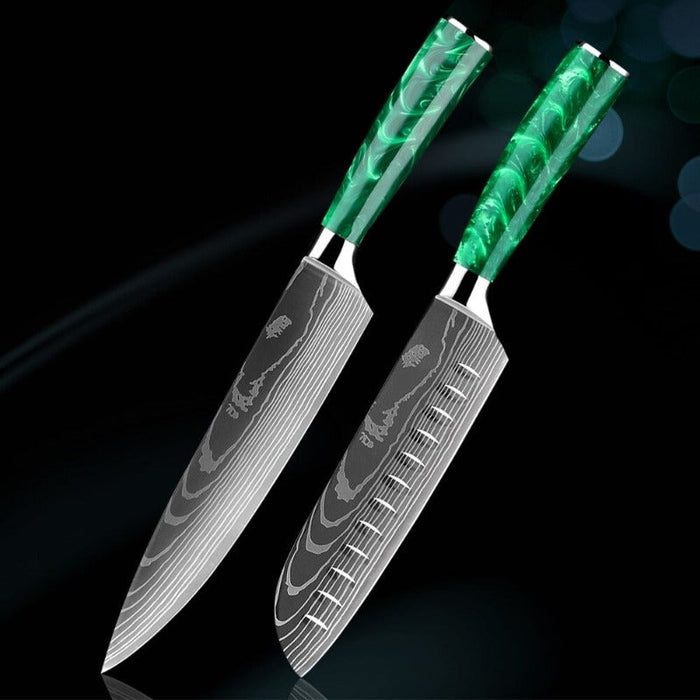 Green Resin Handle Stainless Steel Laser Damascus Pattern Knife Sets