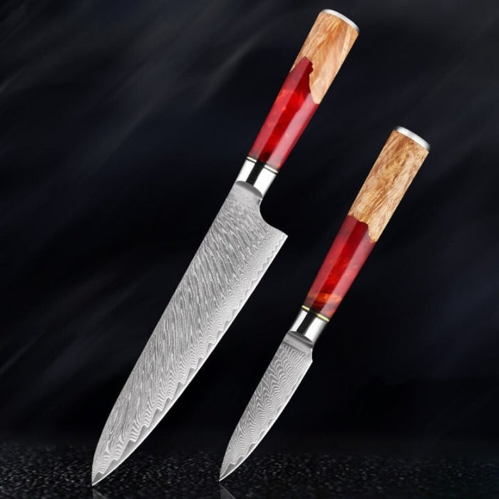 Damascus Steel Red Resin Kitchen Knife Sets