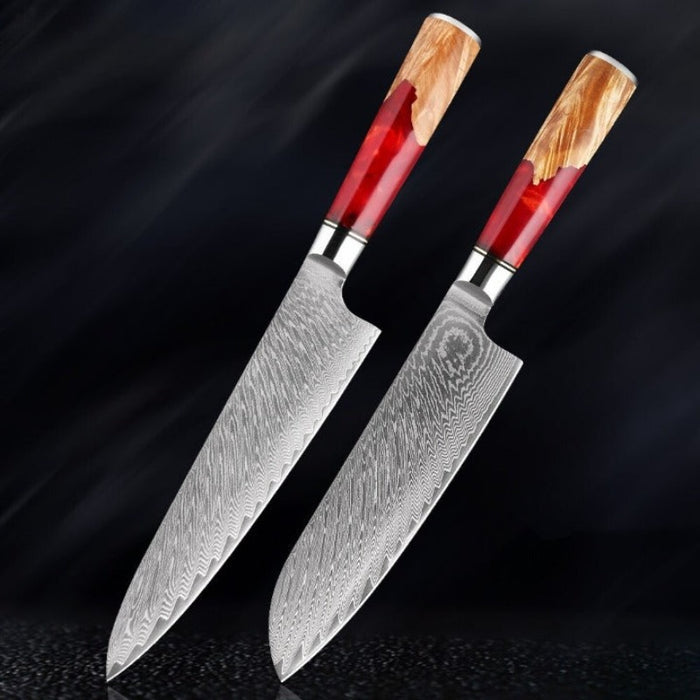 Damascus Steel Red Resin Kitchen Knife Sets