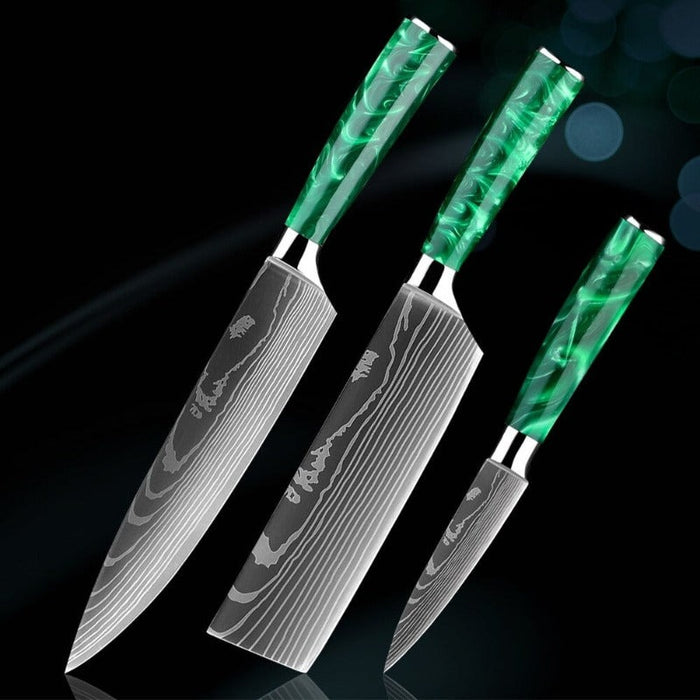 Green Resin Handle Stainless Steel Laser Damascus Pattern Knife Sets