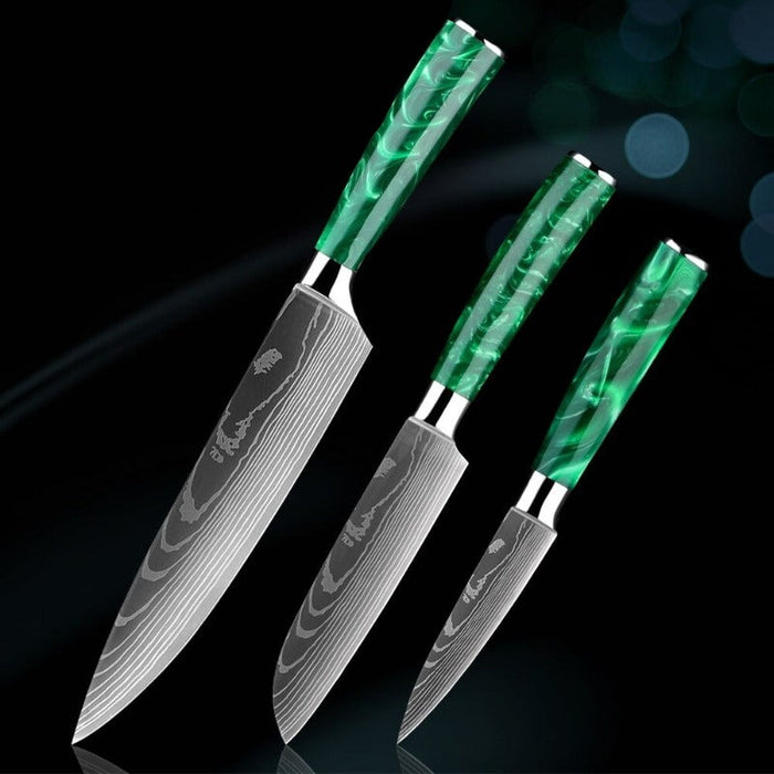 Green Resin Handle Stainless Steel Laser Damascus Pattern Knife Sets