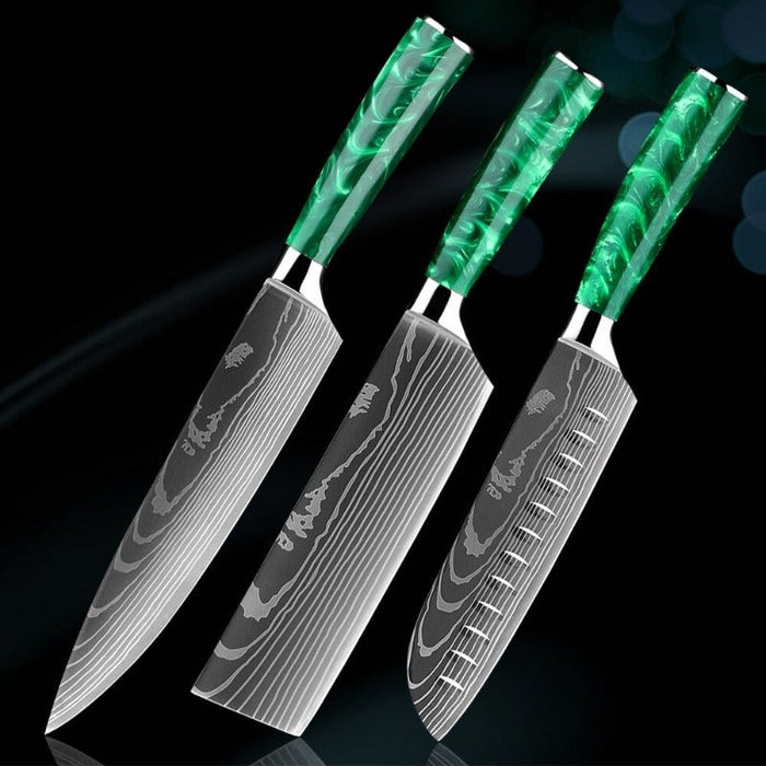 Green Resin Handle Stainless Steel Laser Damascus Pattern Knife Sets