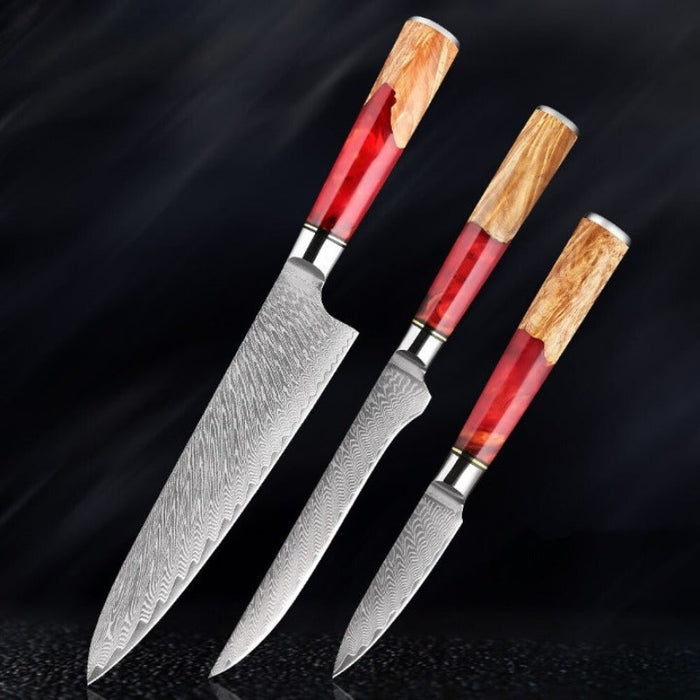 Damascus Steel Red Resin Kitchen Knife Sets