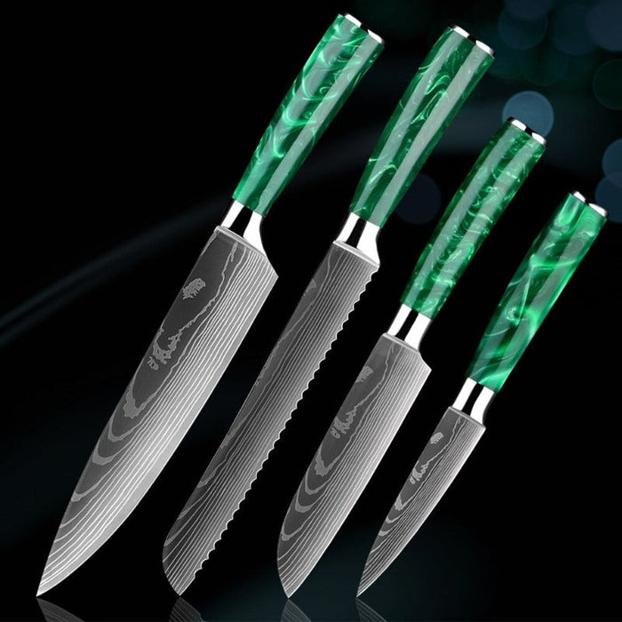 Green Resin Handle Stainless Steel Laser Damascus Pattern Knife Sets