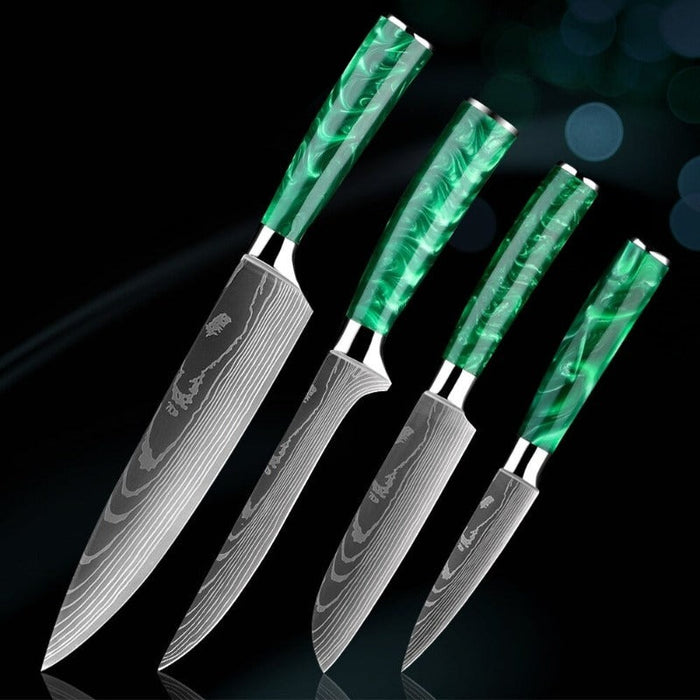 Green Resin Handle Stainless Steel Laser Damascus Pattern Knife Sets