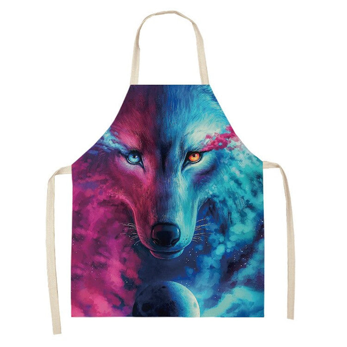 Star Moon & Wolf Head Print Kitchen Apron