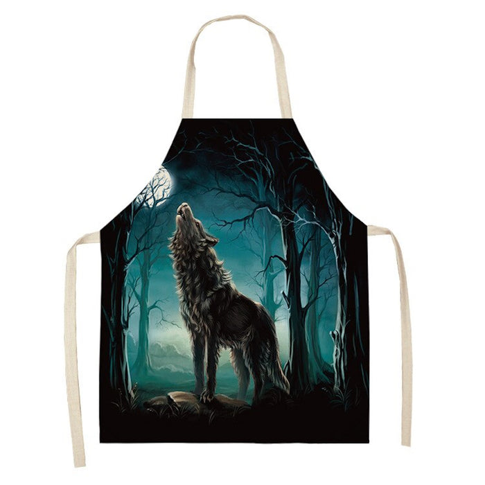 Star Moon & Wolf Head Print Kitchen Apron