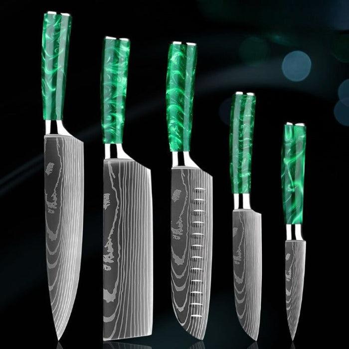 Green Resin Handle Stainless Steel Laser Damascus Pattern Knife Sets