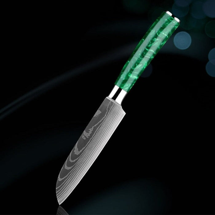 Green Resin Handle Stainless Steel Laser Damascus Pattern Knife Sets