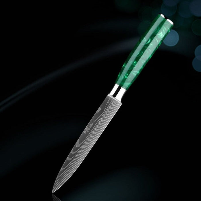 Green Resin Handle Stainless Steel Laser Damascus Pattern Knife Sets