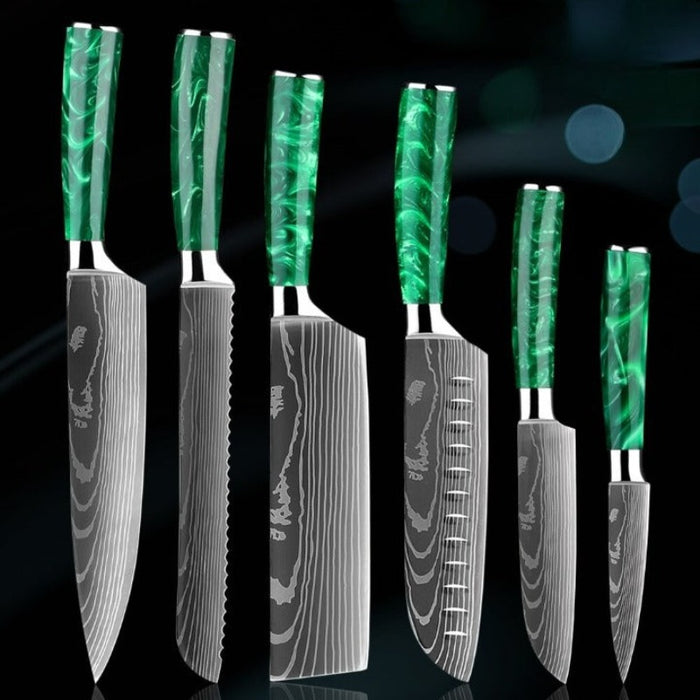 Green Resin Handle Stainless Steel Laser Damascus Pattern Knife Sets