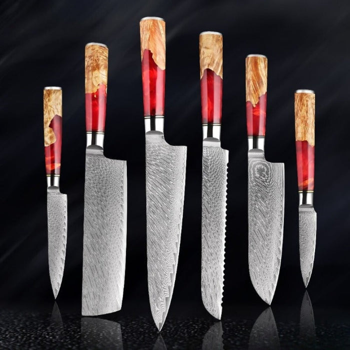 Damascus Steel Red Resin Kitchen Knife Sets