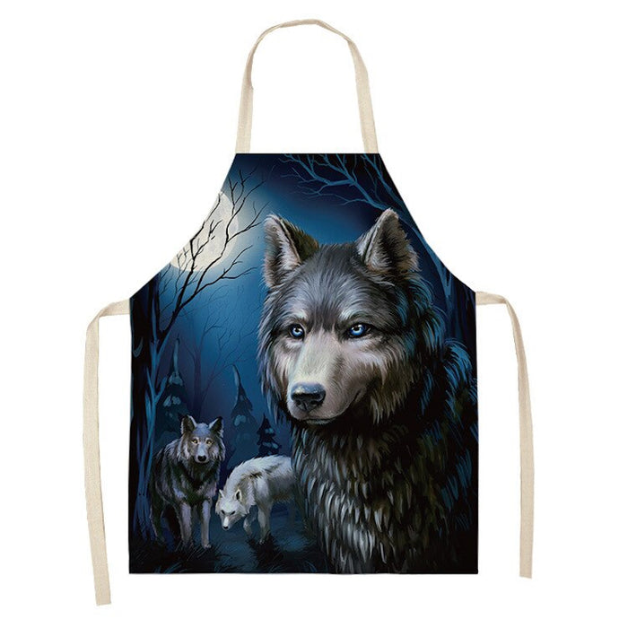 Star Moon & Wolf Head Print Kitchen Apron