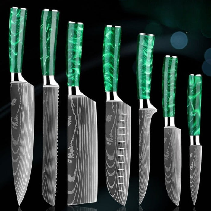 Green Resin Handle Stainless Steel Laser Damascus Pattern Knife Sets