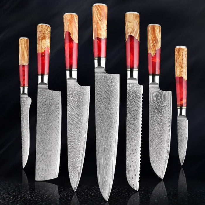 Damascus Steel Red Resin Kitchen Knife Sets