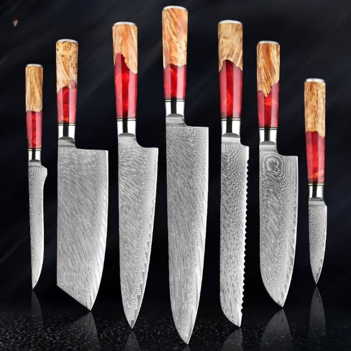 Damascus Steel Red Resin Kitchen Knife Sets