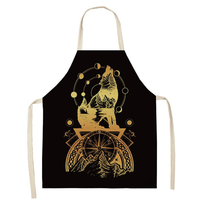 Star Moon & Wolf Head Print Kitchen Apron