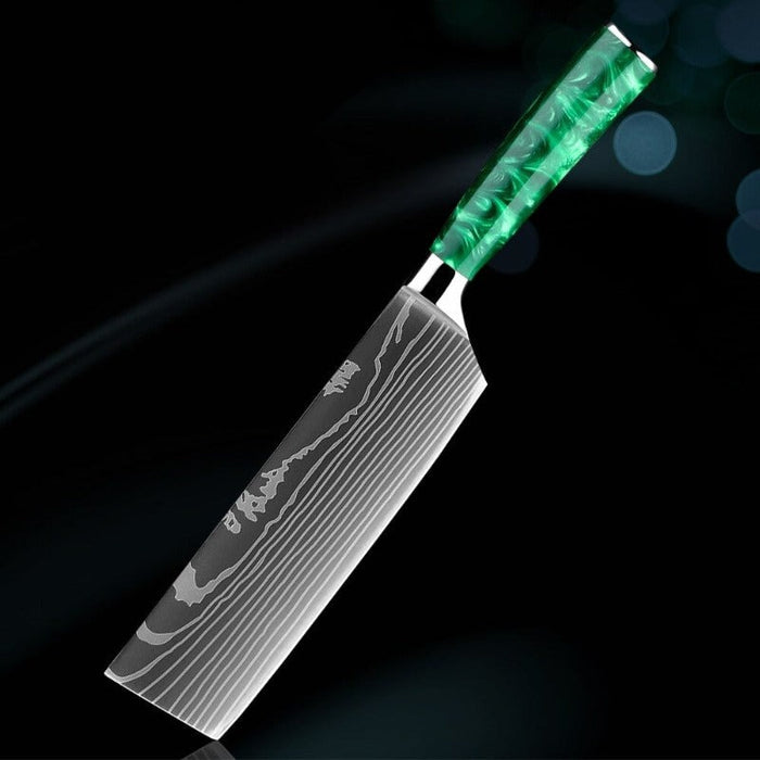 Green Resin Handle Stainless Steel Laser Damascus Pattern Knife Sets