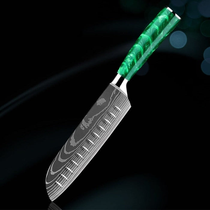 Green Resin Handle Stainless Steel Laser Damascus Pattern Knife Sets