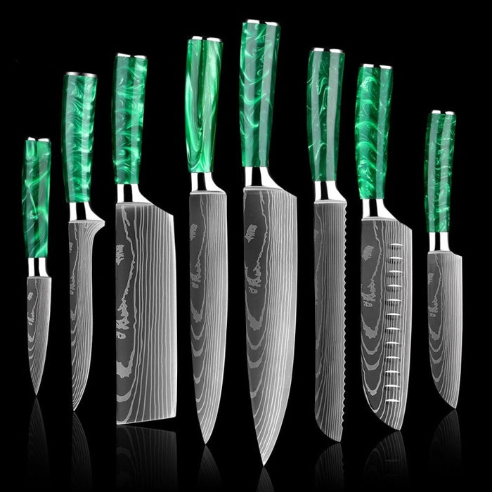 Green Resin Handle Stainless Steel Laser Damascus Pattern Knife Sets