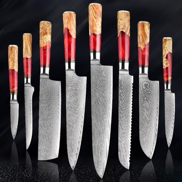 Damascus Steel Red Resin Kitchen Knife Sets