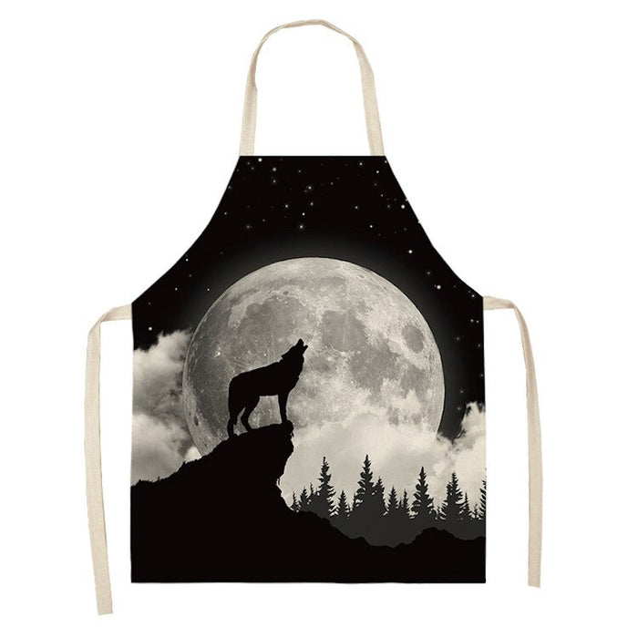 Star Moon & Wolf Head Print Kitchen Apron