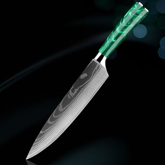 Green Resin Handle Stainless Steel Laser Damascus Pattern Knife Sets