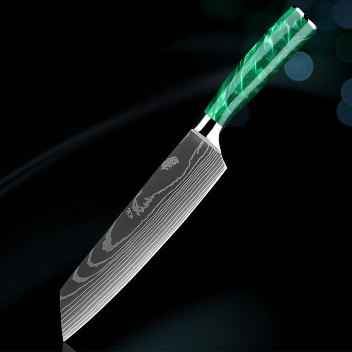 Green Resin Handle Stainless Steel Laser Damascus Pattern Knife Sets