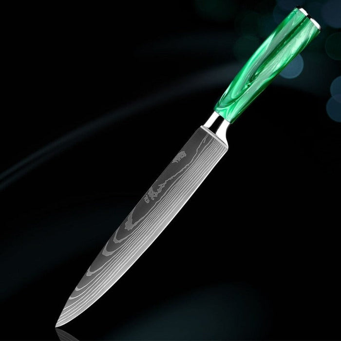 Green Resin Handle Stainless Steel Laser Damascus Pattern Knife Sets