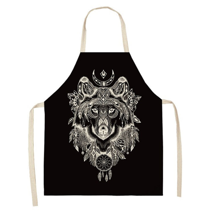 Star Moon & Wolf Head Print Kitchen Apron