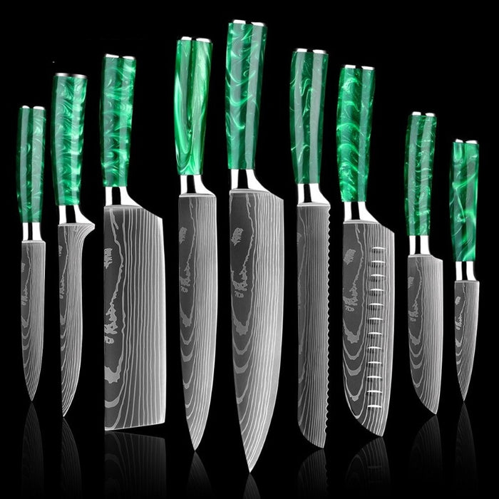 Green Resin Handle Stainless Steel Laser Damascus Pattern Knife Sets