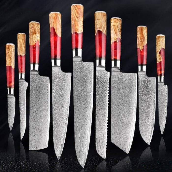 Damascus Steel Red Resin Kitchen Knife Sets