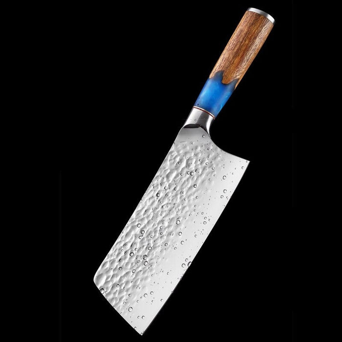 Hammer Pattern Chef Knife With Blue Resin Wood