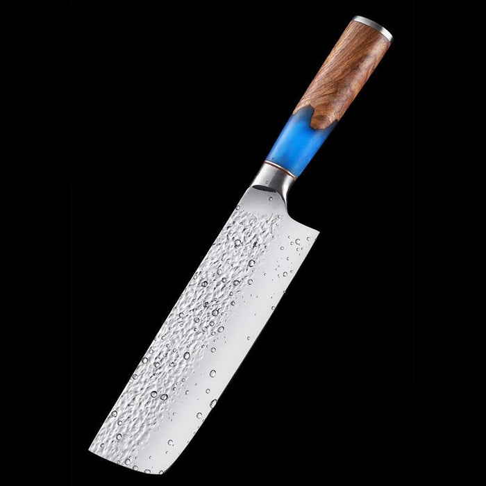 Hammer Pattern Chef Knife With Blue Resin Wood