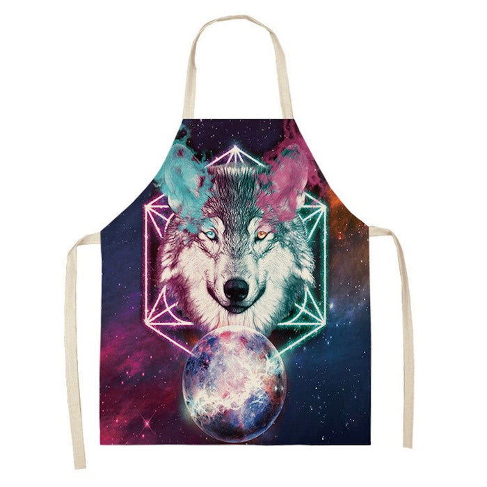 Star Moon & Wolf Head Print Kitchen Apron